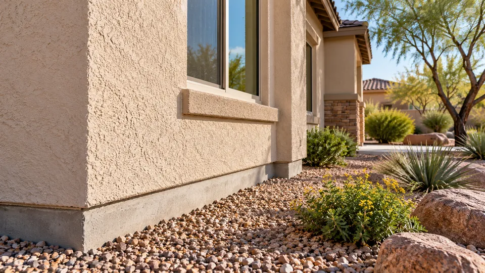 Stucco exterior, window and exposed concrete foundation edge beside a gravel yard
