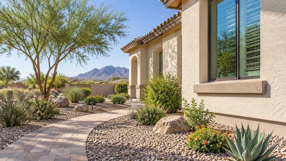 Desert landscaping, gravel and a walkway alongside a stucco home