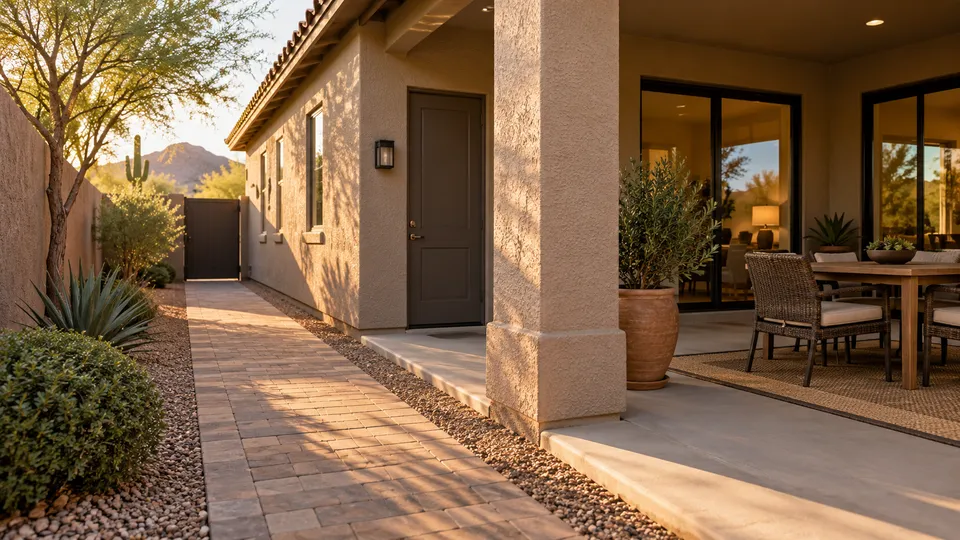 Shaded residential patio and clear paved access beside a stucco house